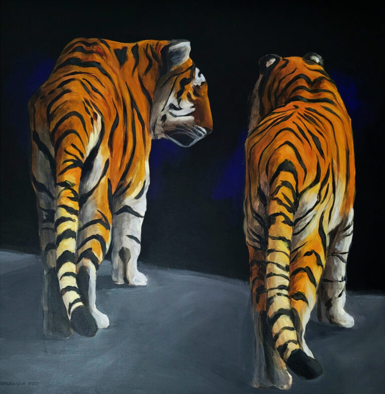 Dwa tygrysy o charakterystycznych pomarańczowo-czarnych pasach idą po szarej podłodze na ciemnym tle. Jeden tygrys patrzy w stronę widza, drugi odwrócony jest tyłem, pokazując swój długi ogon w paski.