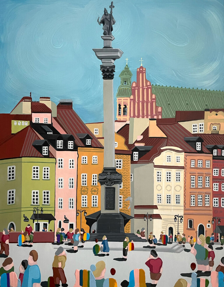 Kolorowy plac miejski z wysoką kolumną zwieńczoną figurą w centrum, otoczony kamienicami o kolorowych fasadach i czerwonych dachach. Wokół kolumny spacerują liczne postacie ludzi, a w tle widać charakterystyczny kościół z czerwoną wieżą i zieloną kopułą.